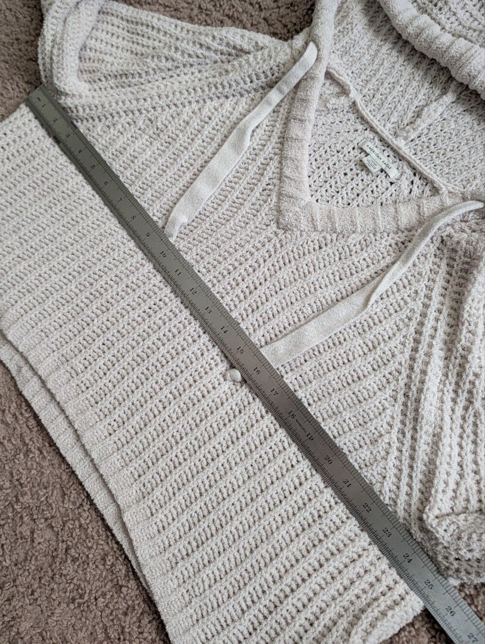American Eagle Womens White Chenille Open Knit Cropped Hooded Sweater Size Small - Picture 10 of 13